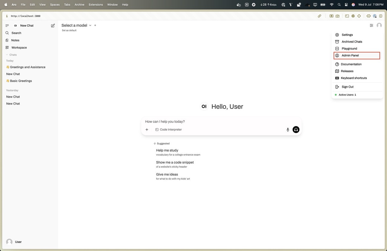 Navigate to the Open WebUI Admin Panel from the top right icon
