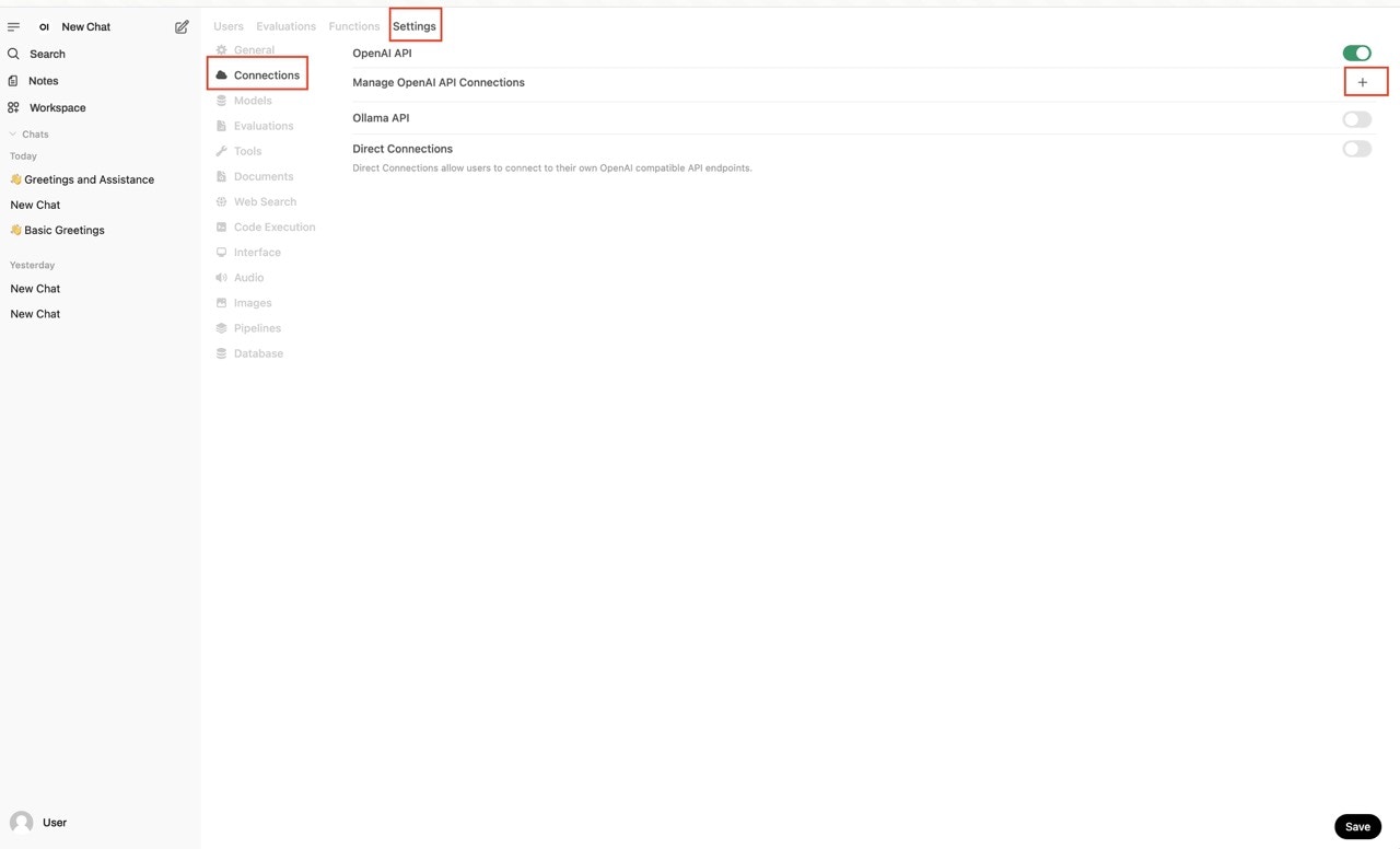 Open WebUI Admin Panel showing the Connections section