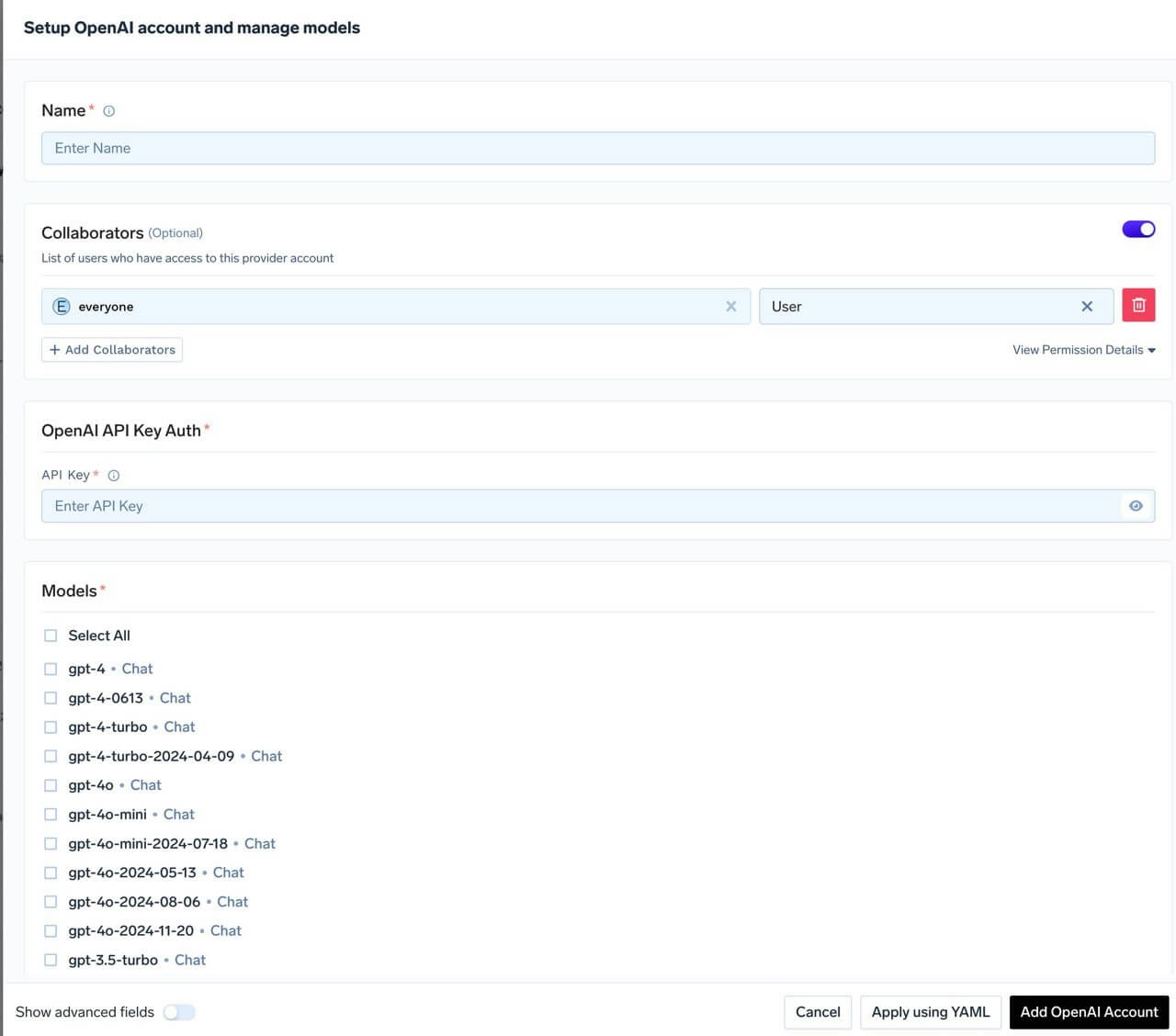OpenAI account configuration form with fields for API key and collaborators