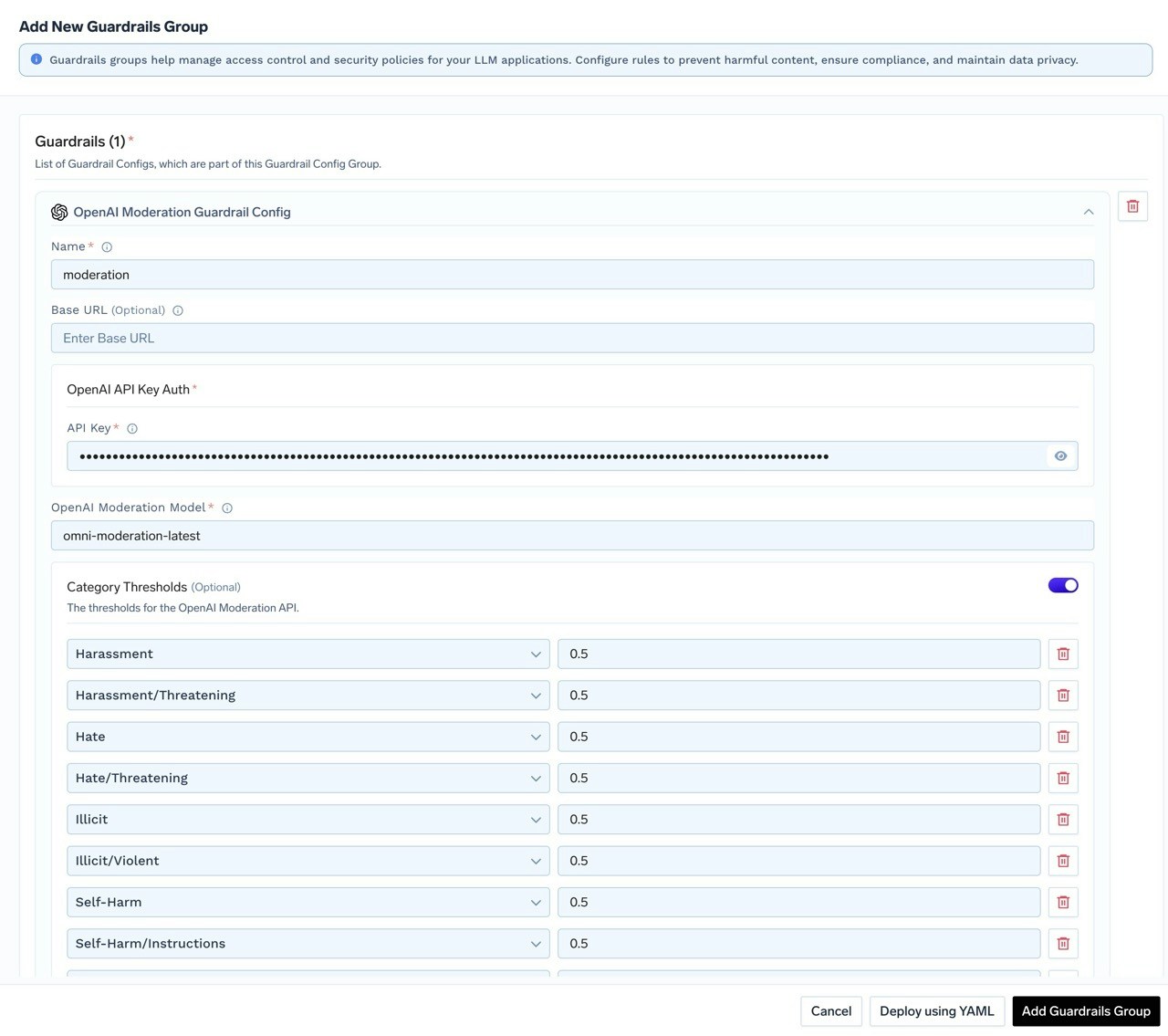 Interface for customizing moderation threshold values for different content categories