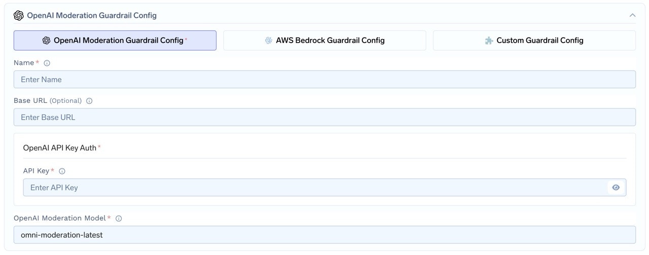 OpenAI Moderation configuration form with fields for name, base URL, API key, and model selection