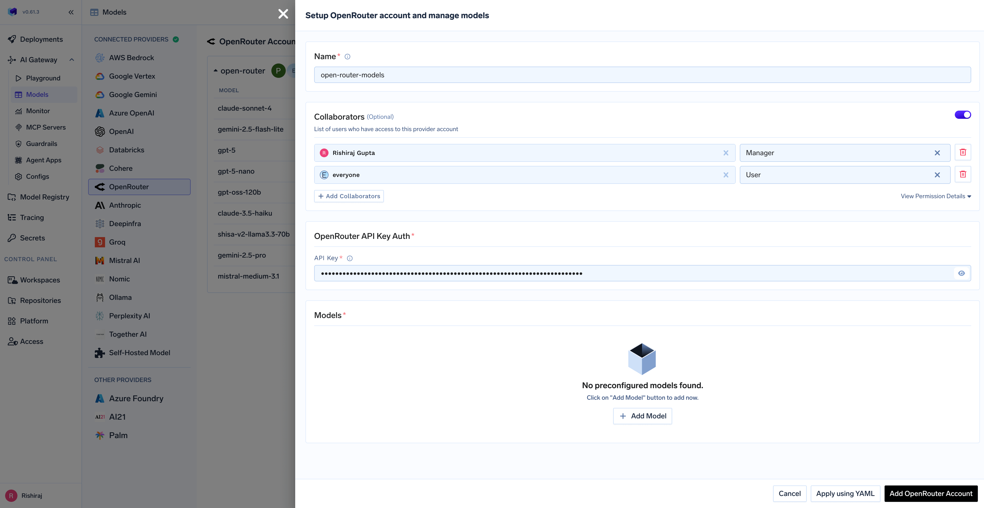 OpenRouter account configuration form with fields for API key and collaborators