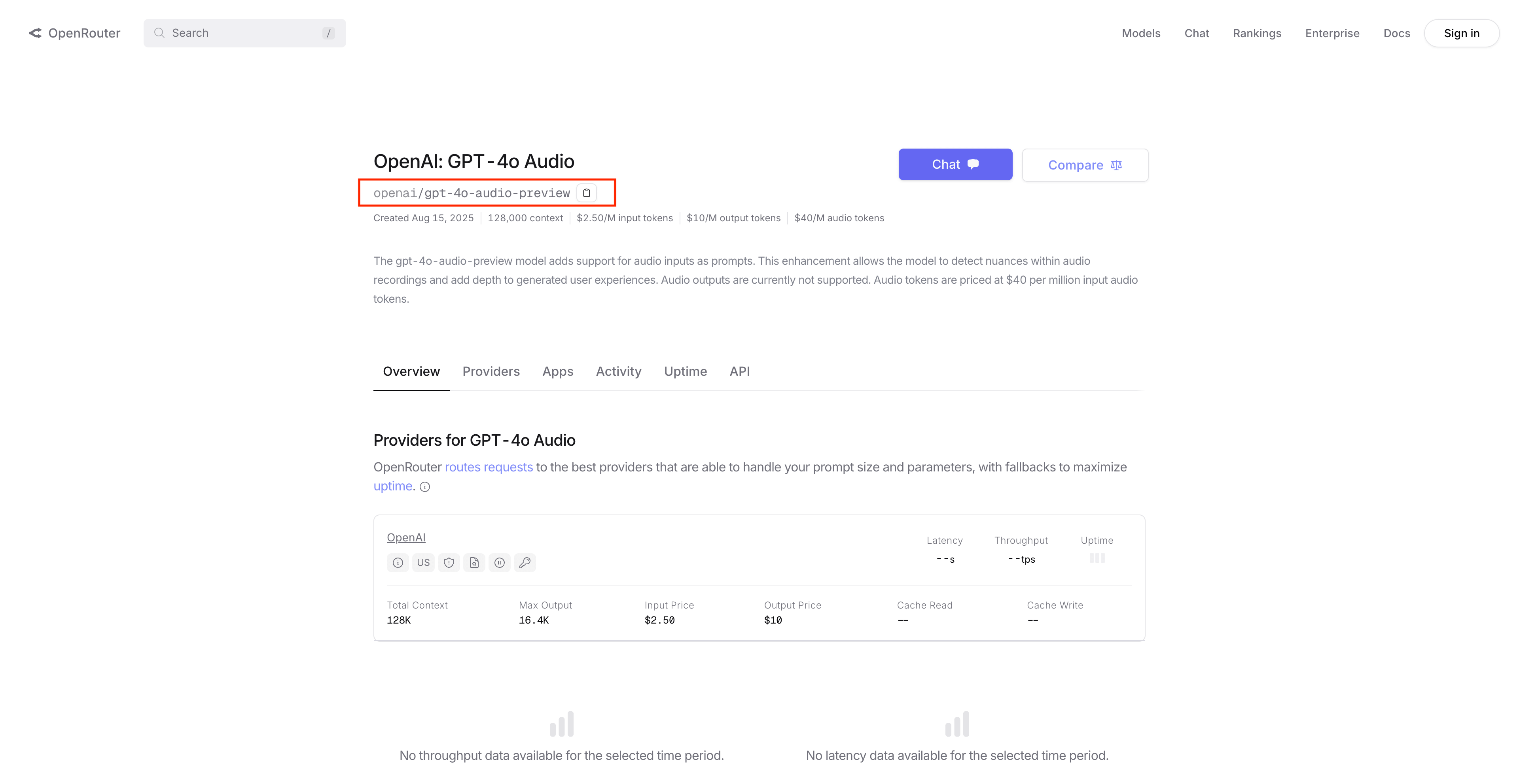 OpenRouter models page showing available models and their IDs