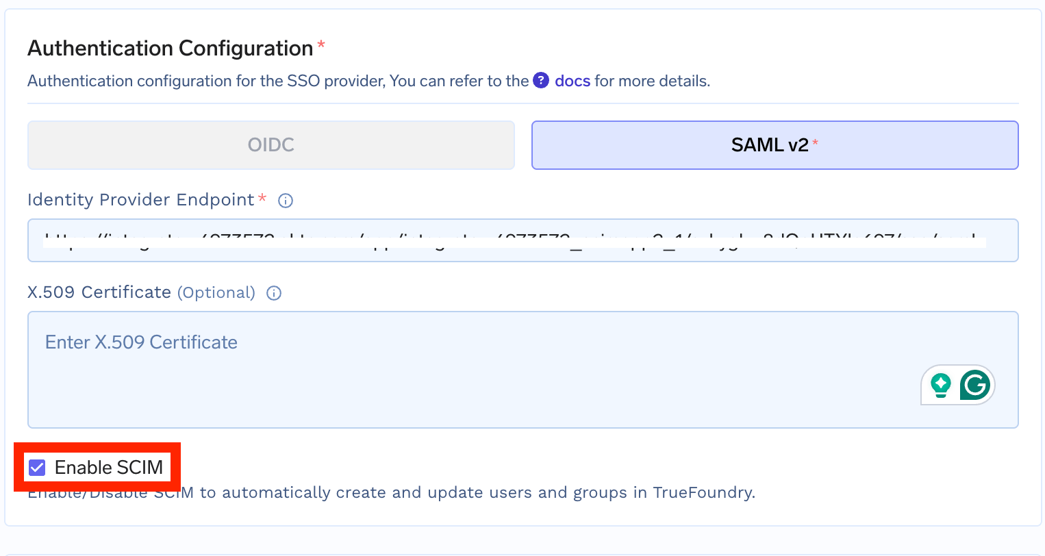 Enable SCIM checkbox in SAML SSO configuration