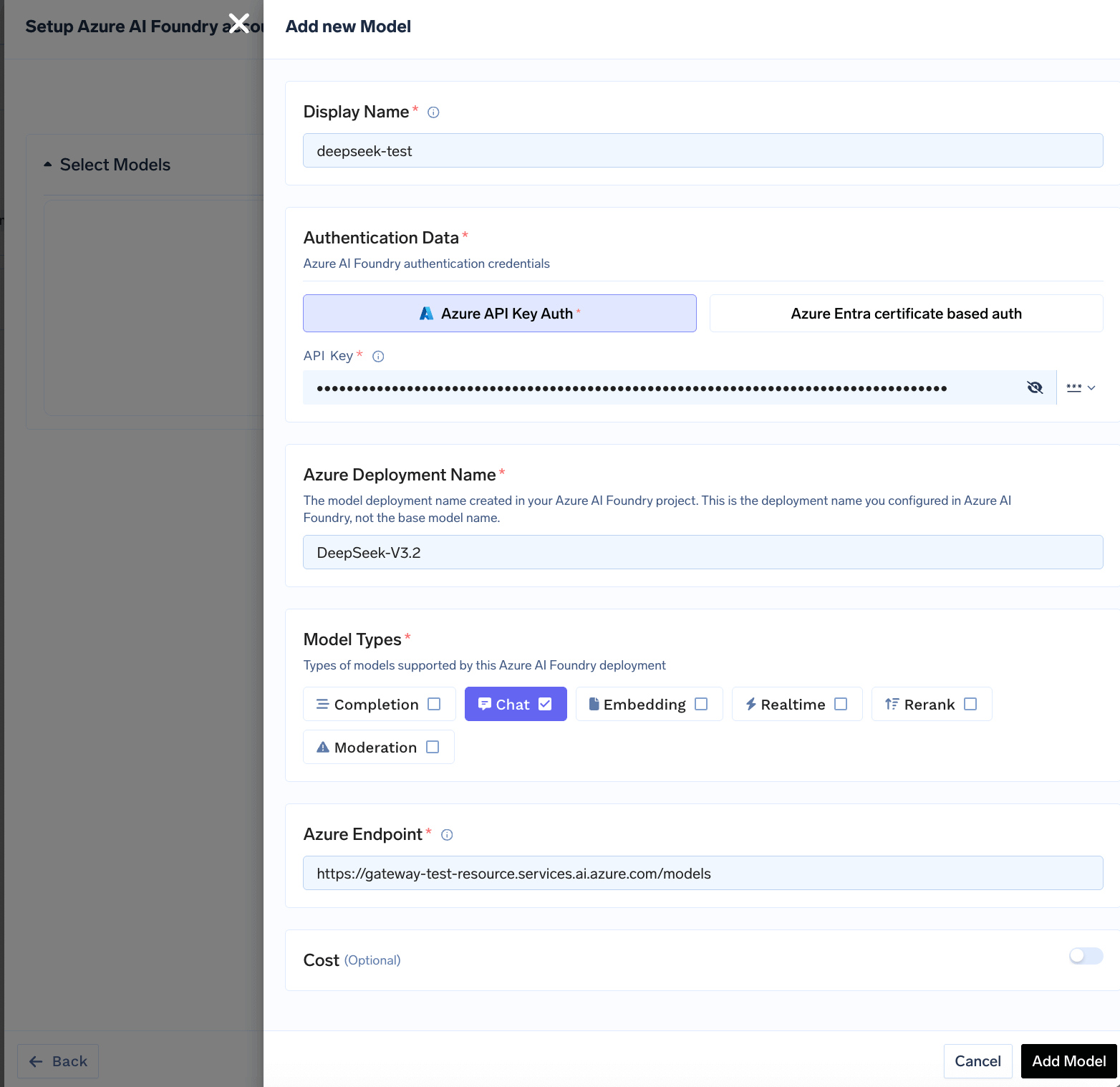 Model addition form for Azure AI Foundry with fields for model name, endpoint URL, and authentication