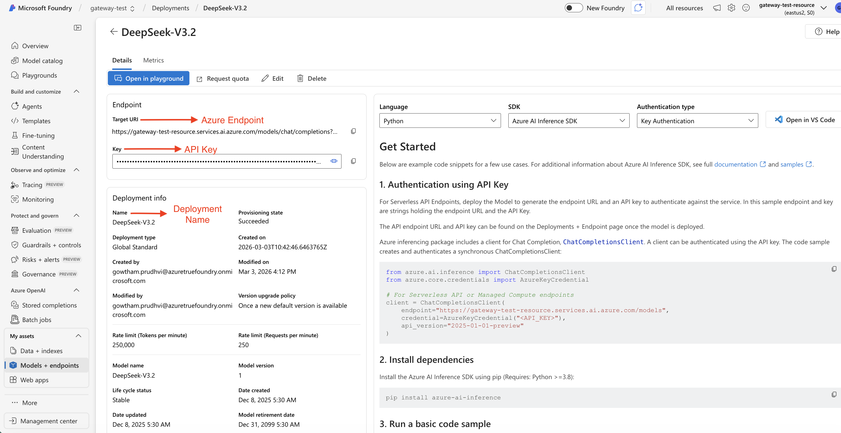 Azure portal showing deployed model Target URI, deployment name, and API key