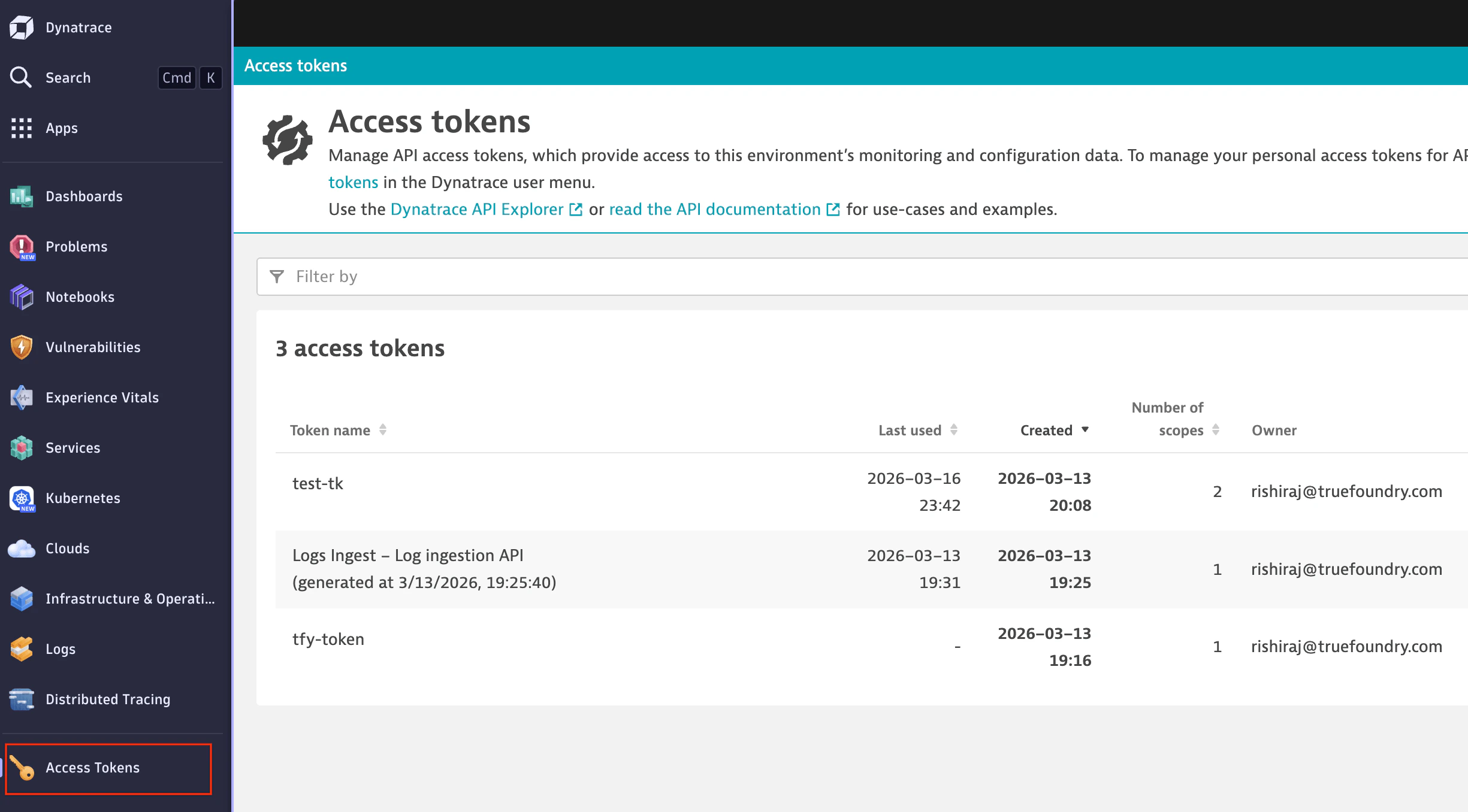Dynatrace Access tokens page in Settings