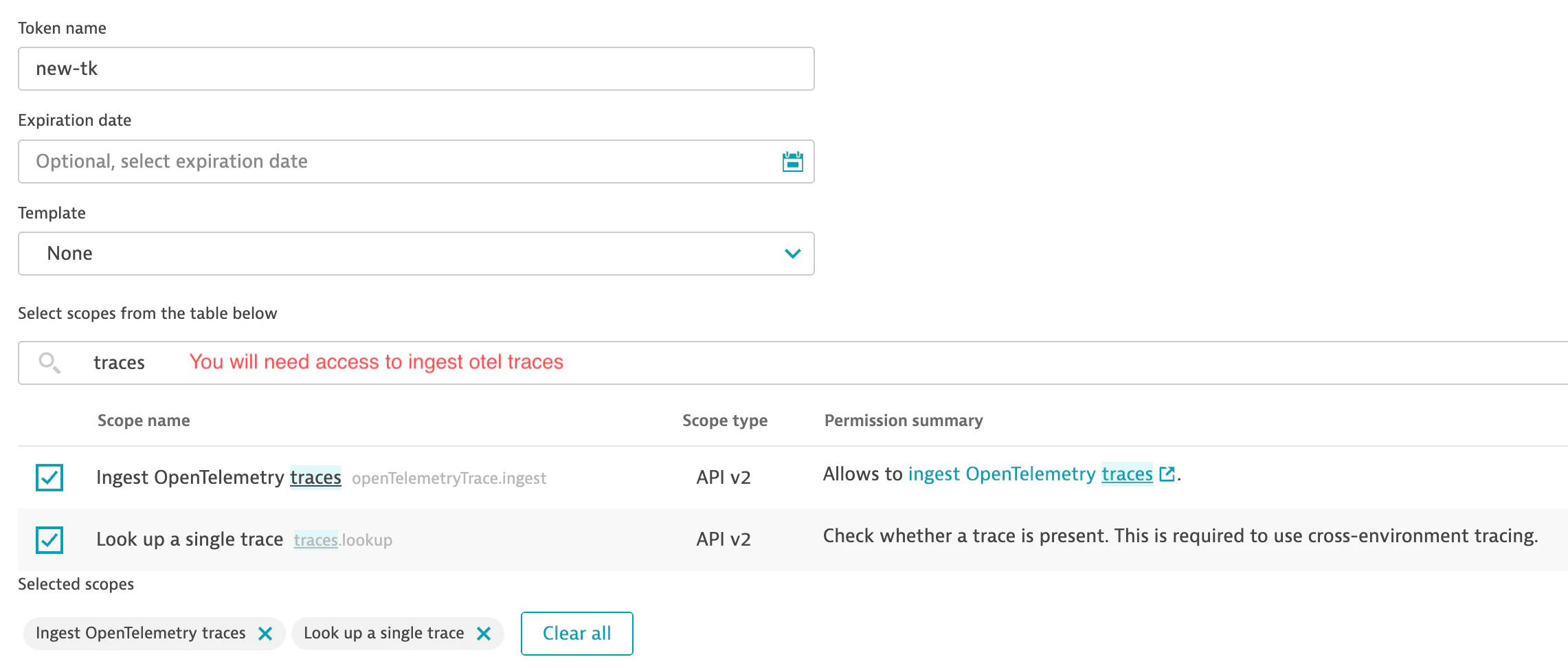 Dynatrace token creation form with openTelemetryTrace.ingest scope selected
