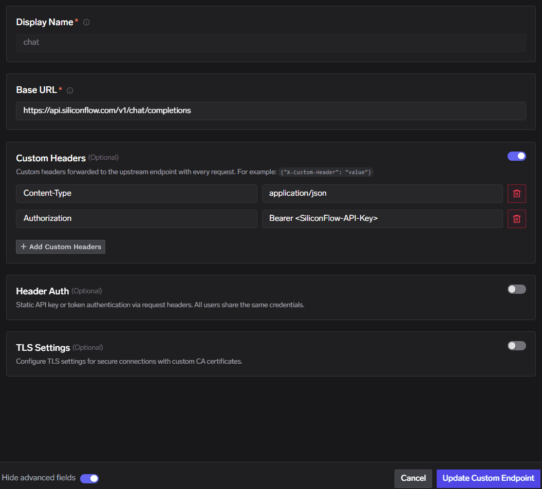 Custom Endpoint form for SiliconFlow with Base URL and custom headers