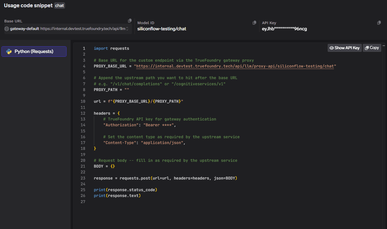 Usage code snippet modal showing Base URL, Model ID, and API Key for SiliconFlow