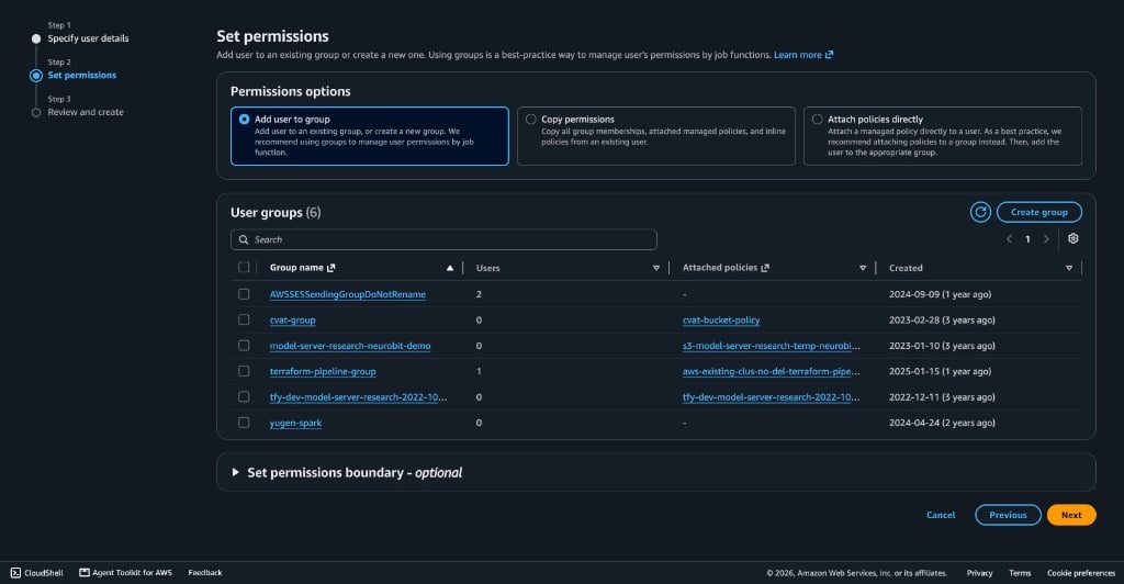 IAM create user Set permissions step