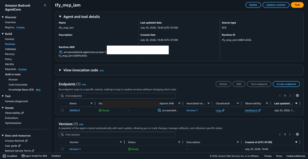 AgentCore runtime detail page showing Runtime ARN