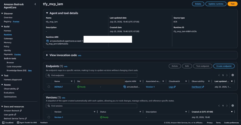 AgentCore runtime detail page showing Runtime ARN