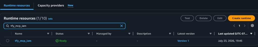 AgentCore Runtime resources list in AWS Console