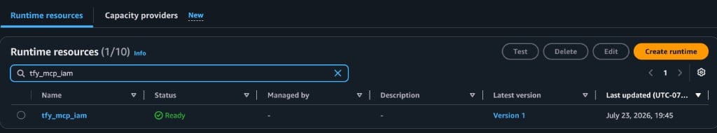 AgentCore Runtime resources list in AWS Console