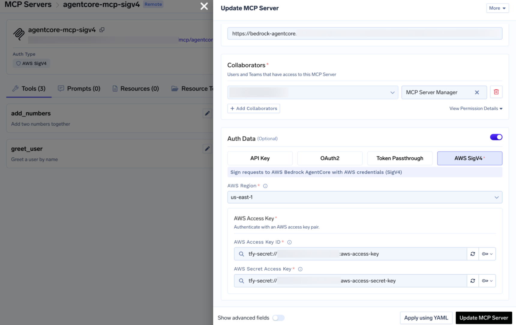 TrueFoundry MCP Auth Data form with AWS SigV4 selected