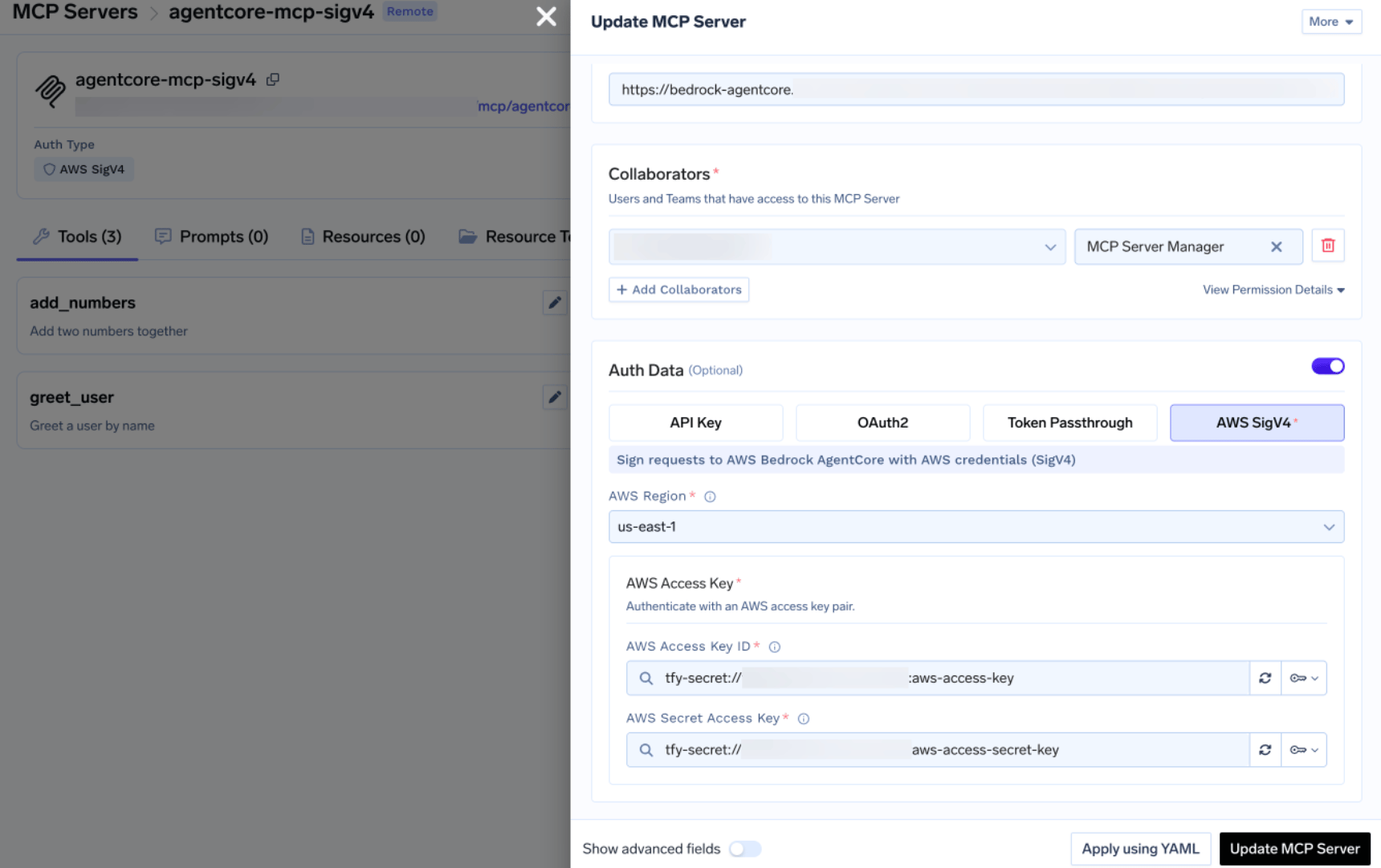 TrueFoundry MCP Auth Data form with AWS SigV4 selected