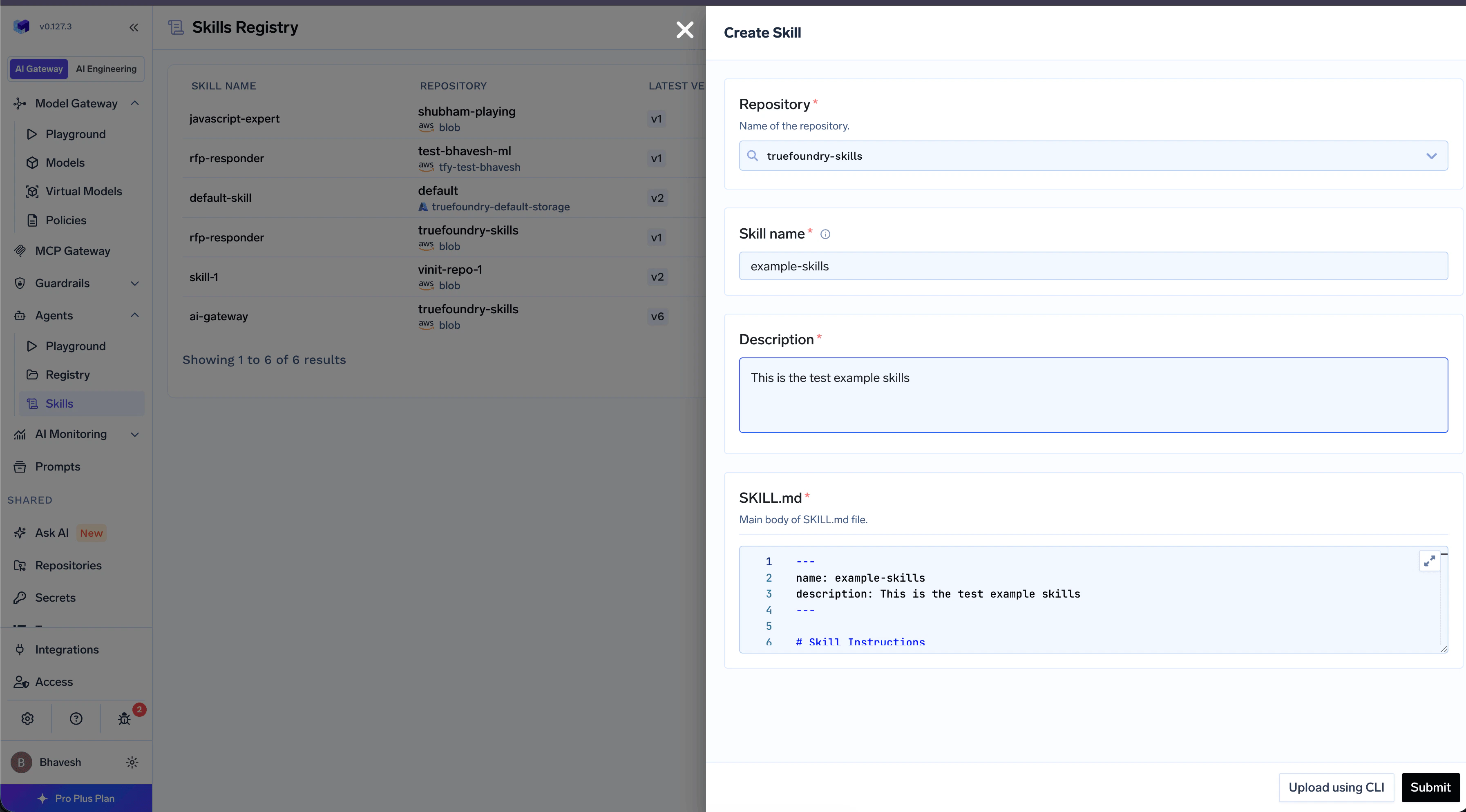 Create New Skill menu showing Create from UI and Upload using CLI options