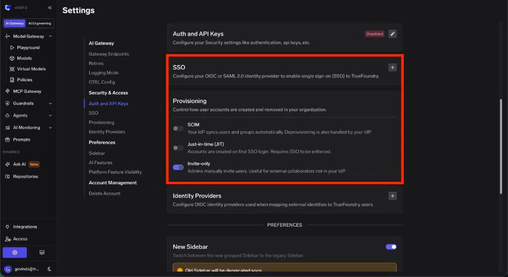 Provisioning settings showing SCIM, Just-in-time, and Invite-only modes