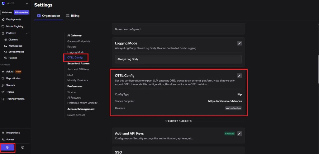 TrueFoundry AI Engineering and Settings navigation to Organisation OTEL Config showing traces endpoint and authorization header
