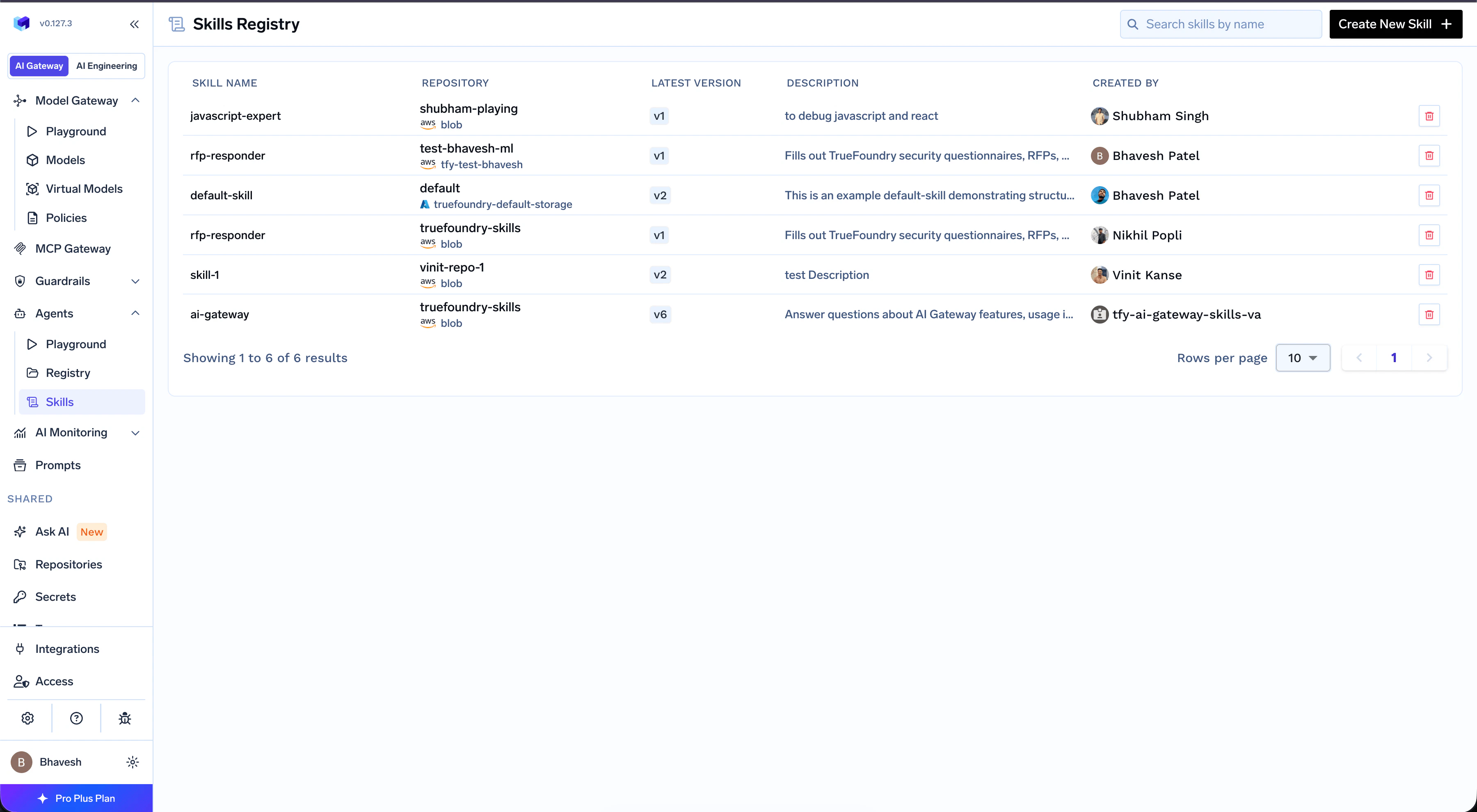 Skills Registry page listing all registered skills, their repositories, latest version, and description