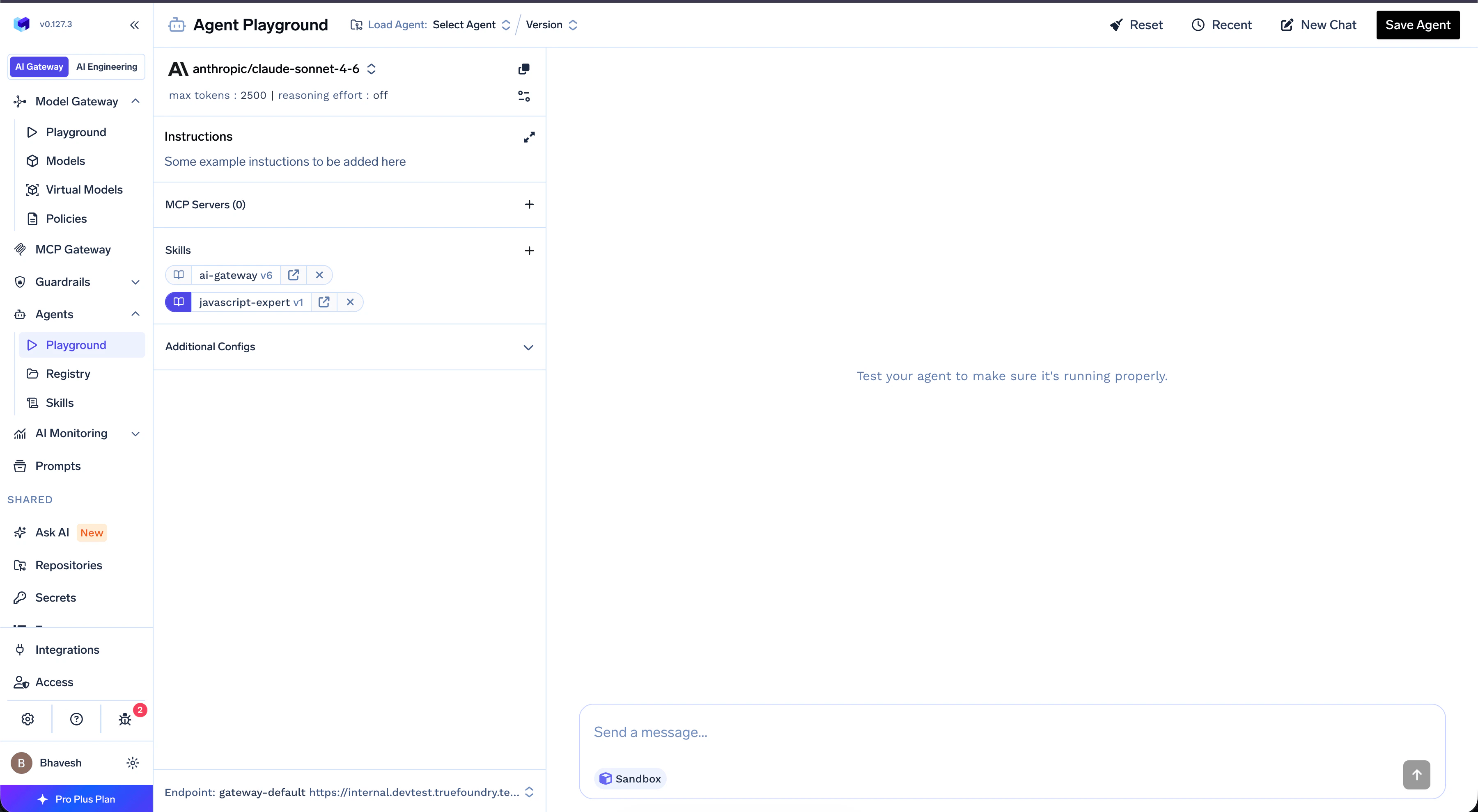 Skills selector in the Agent Playground listing available skills with version pickers and a preload toggle