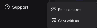 Support menu item in the TrueFoundry left sidebar with Raise a ticket and Chat with us options
