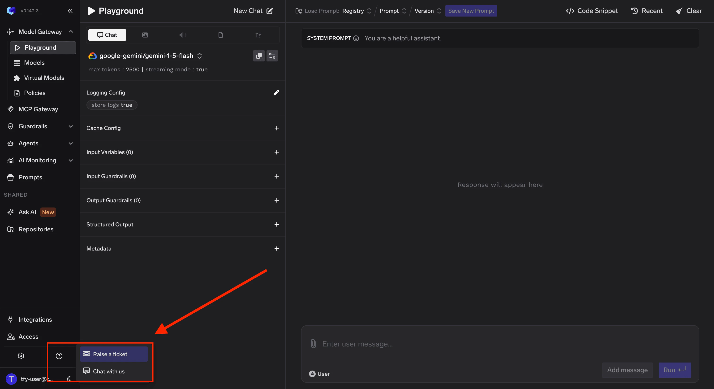 TrueFoundry UI with the Support menu expanded showing Raise a ticket and Chat with us options