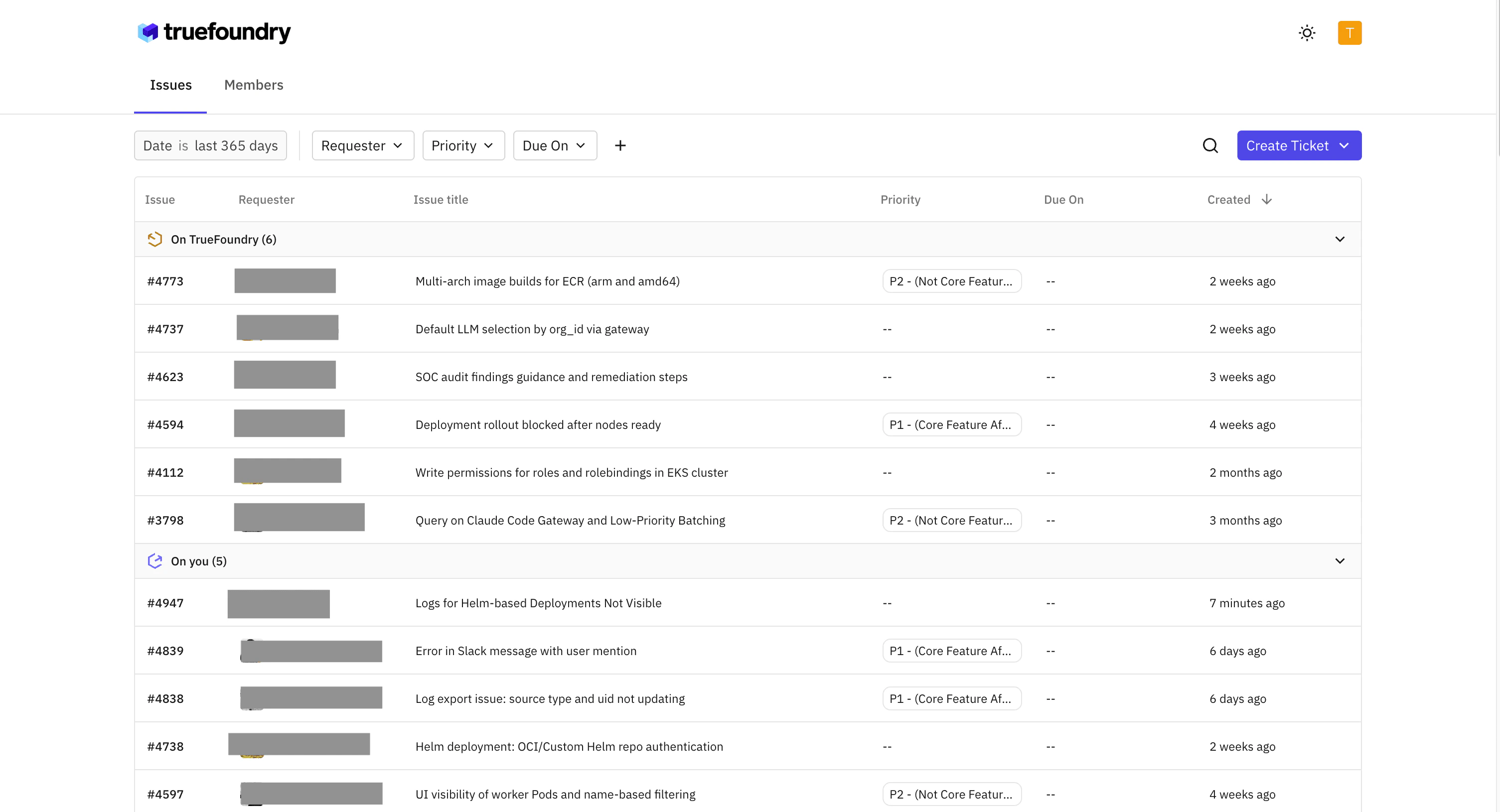 TrueFoundry Support Portal listing tickets under On TrueFoundry and On you sections with Issue ID, Requester, Issue title, Priority, Due On and Created columns