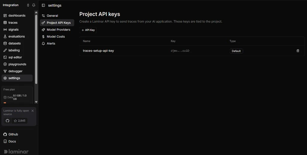 Laminar settings showing Project API keys with table of keys and plus API Key button for creating trace ingestion credentials