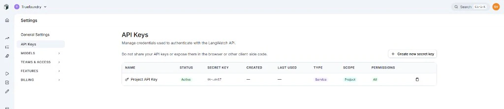 LangWatch Settings page showing API Keys section with a key created for TrueFoundry