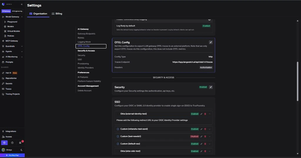 TrueFoundry AI Gateway Settings page showing the OTEL Config section