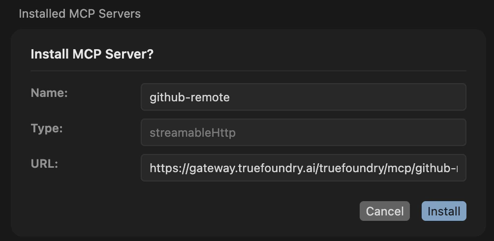 Cursor's Install MCP Server dialog showing the server name, type, and Gateway URL