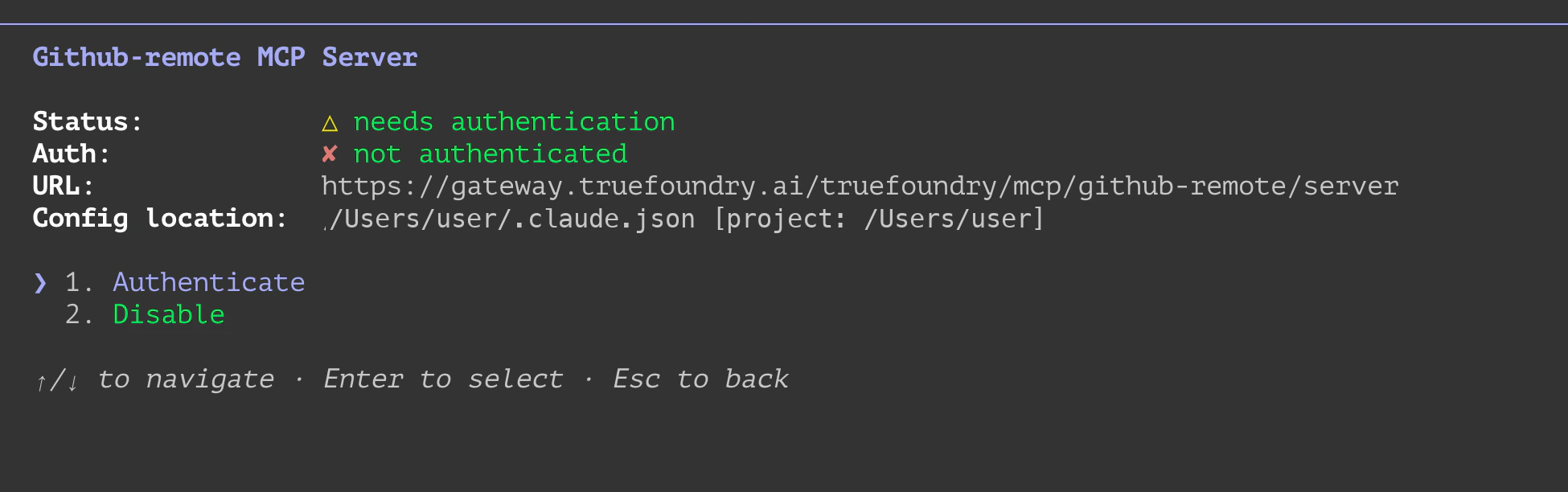 Claude Code showing the github-remote MCP server with status needs authentication and an Authenticate option