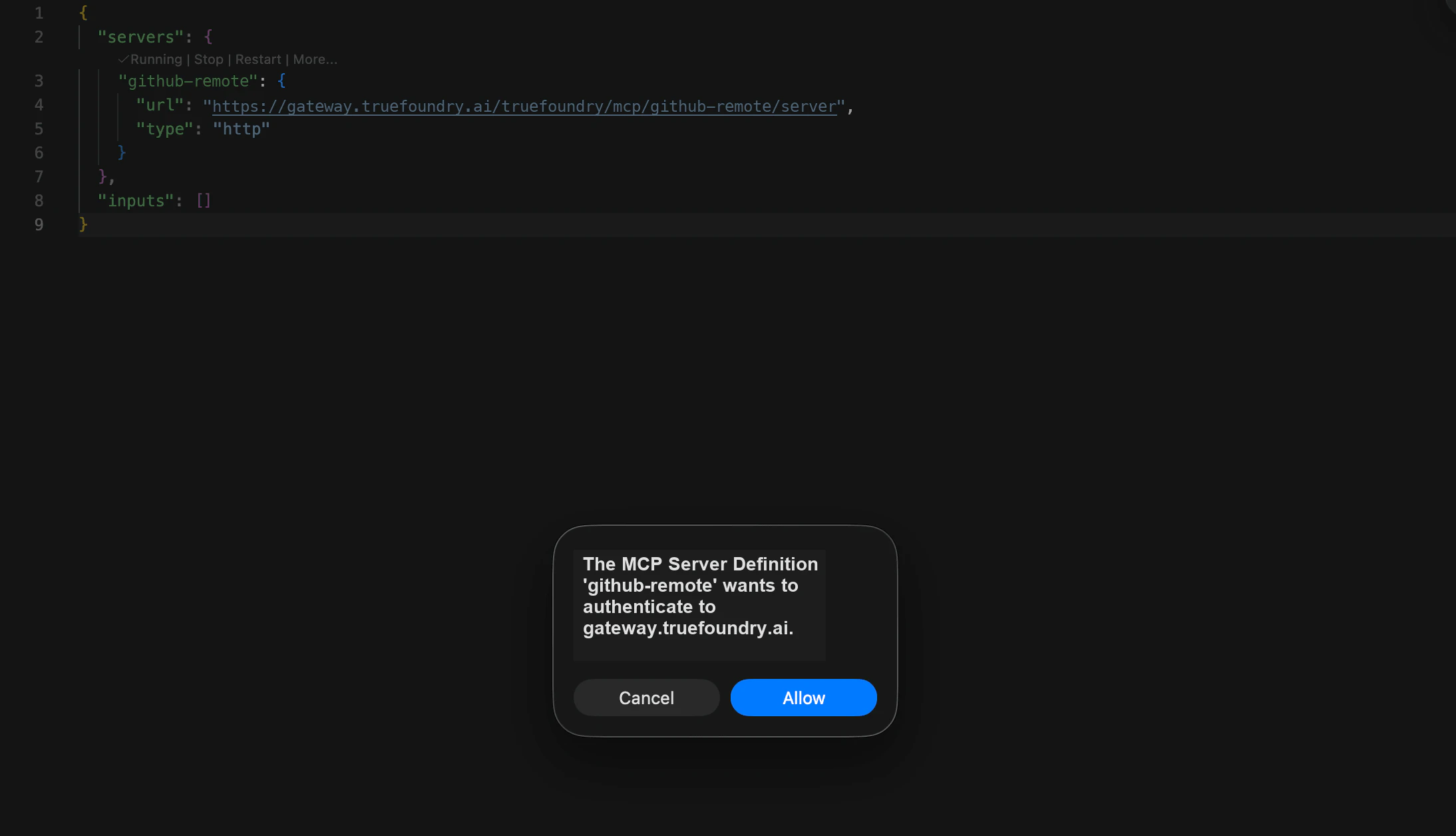 VS Code showing the .vscode/mcp.json with the server added and a prompt asking to authenticate to the MCP Gateway, with Allow and Cancel