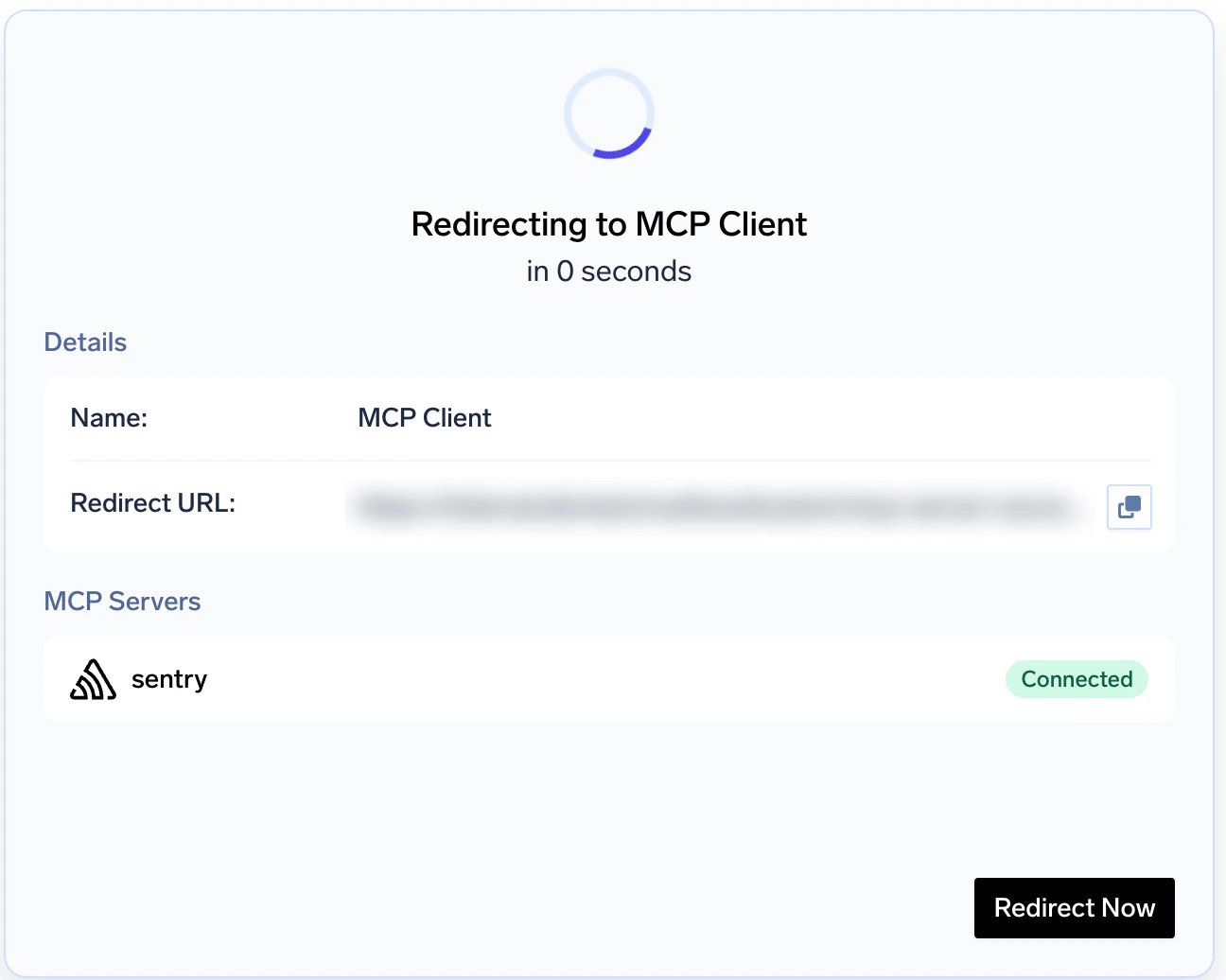 The browser redirect page showing the server as Connected and a Redirect Now button back to the IDE