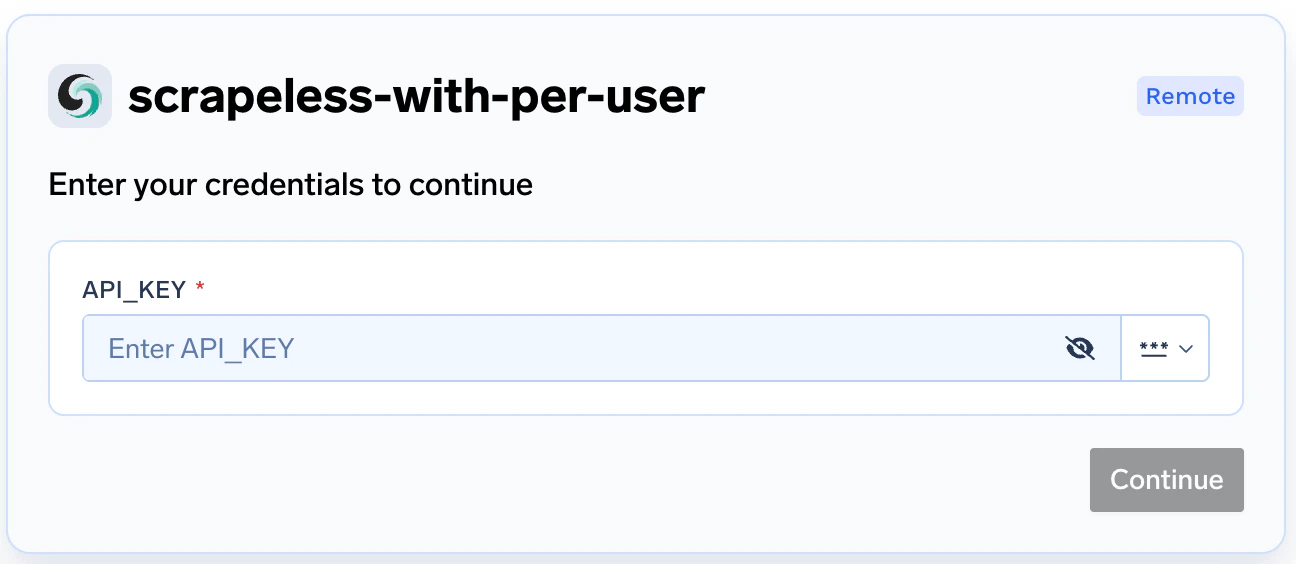 The Enter your credentials prompt showing an API_KEY field and a Continue button