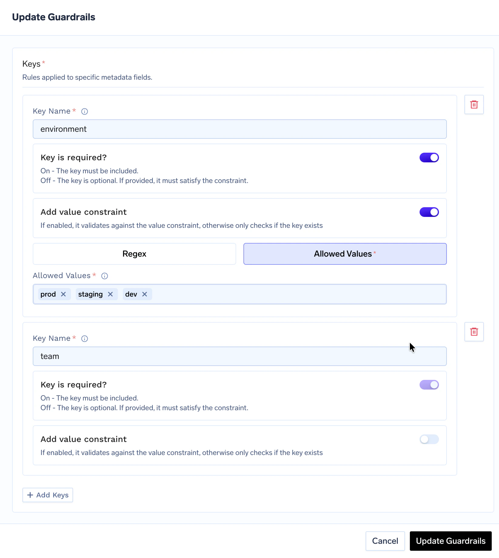 Metadata Validation configuration form showing the Allow unknown keys toggle and per-key rules for required keys, regex, and allowed values