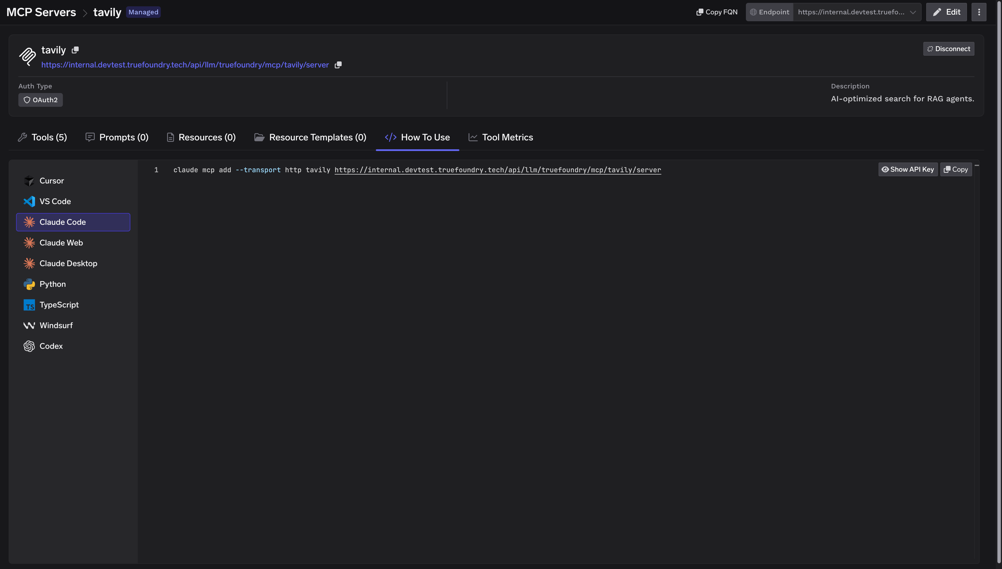 Tavily How To Use tab showing connection commands for multiple MCP clients