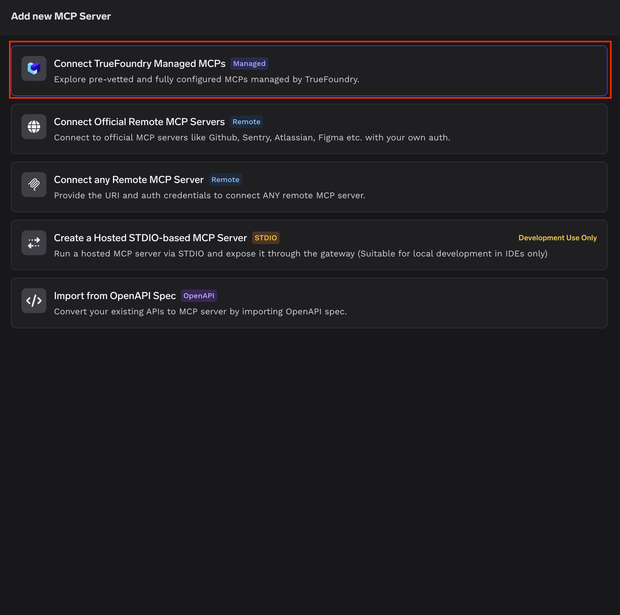 TrueFoundry Add MCP Server screen with the Connect TrueFoundry Managed MCPs option selected