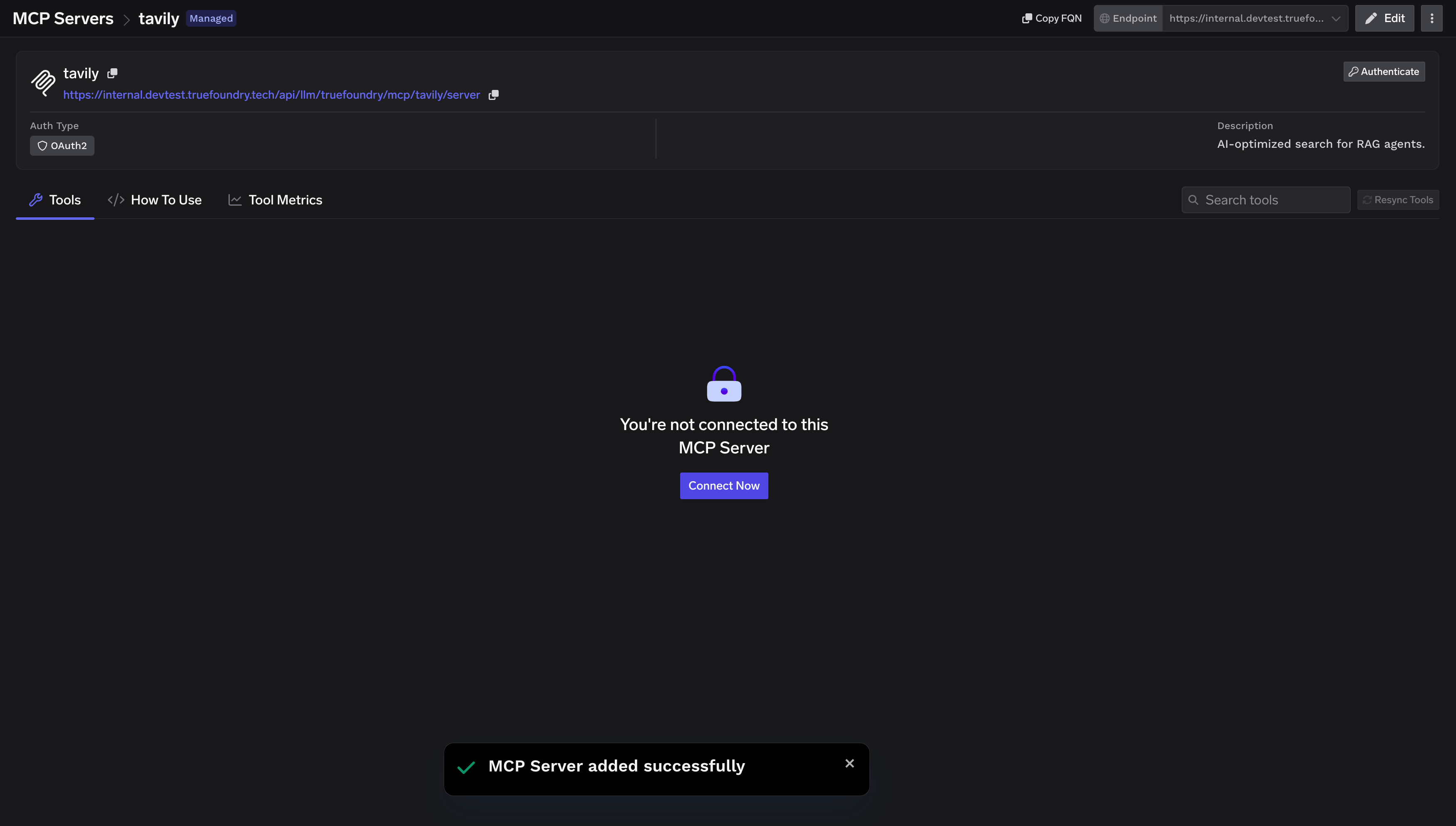 Tavily Tools tab showing the Connect Now button before authentication