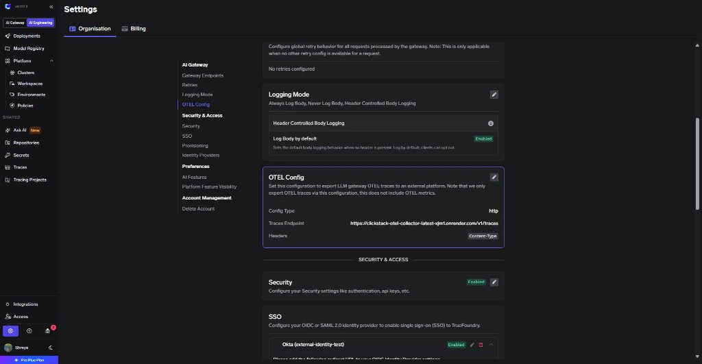 TrueFoundry AI Gateway Settings page showing the OTEL Config section
