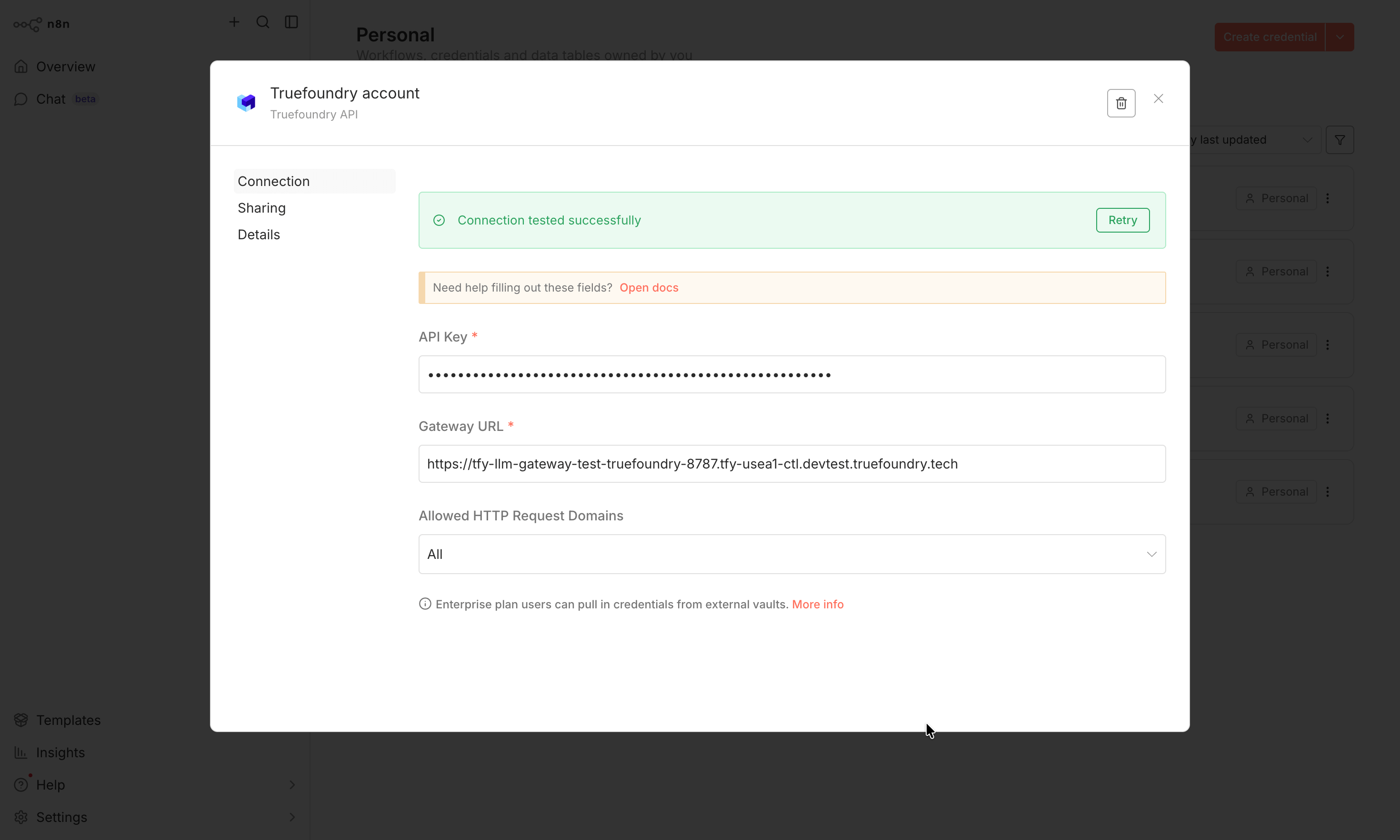 n8n TrueFoundry credential configuration form