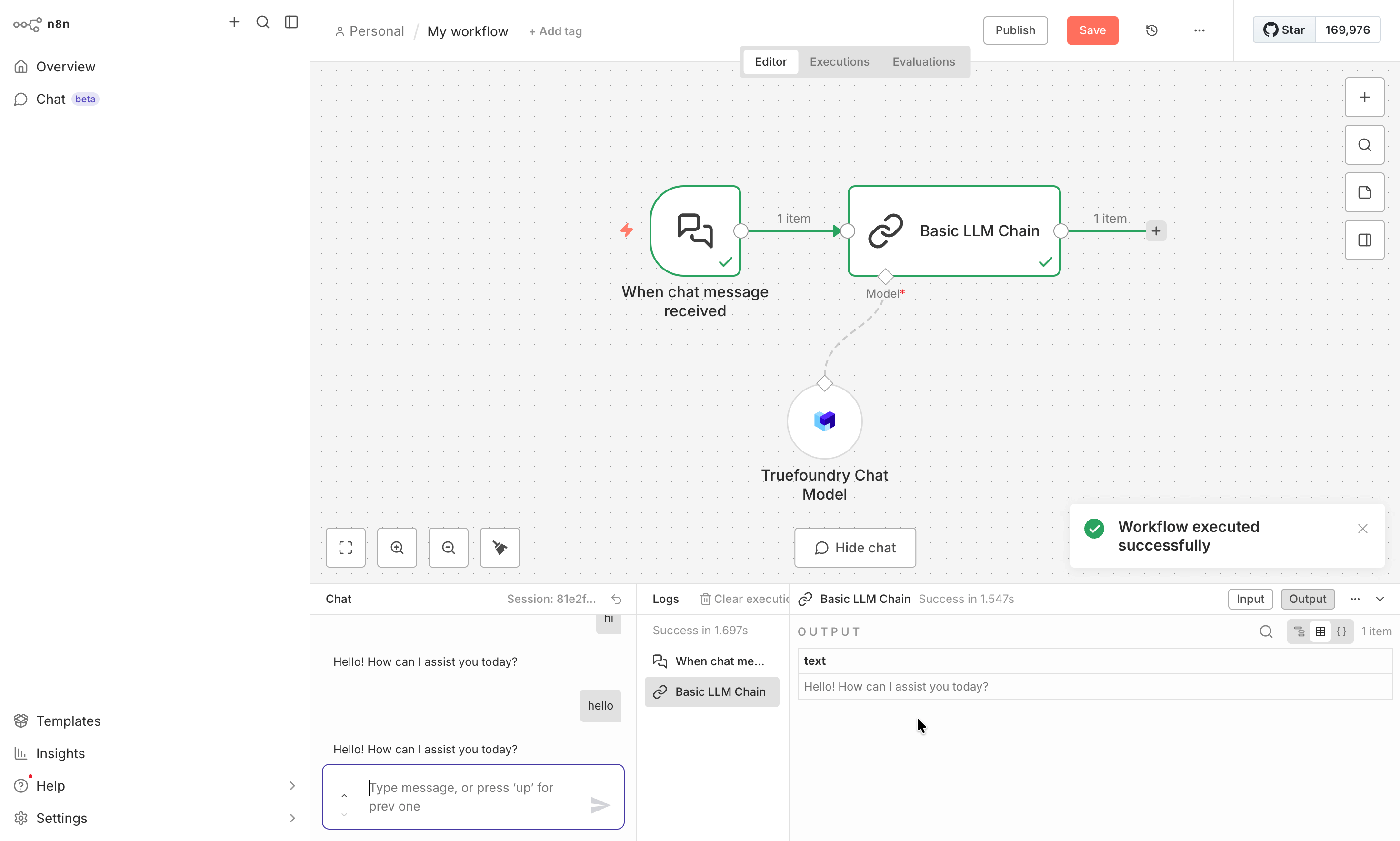 n8n ui showing successful execution of an n8n workflow with TrueFoundry integration