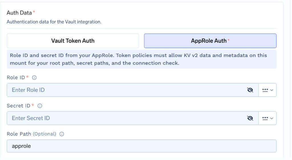 HashiCorp Vault AppRole Auth form showing Role ID, Secret ID, and Role Path fields