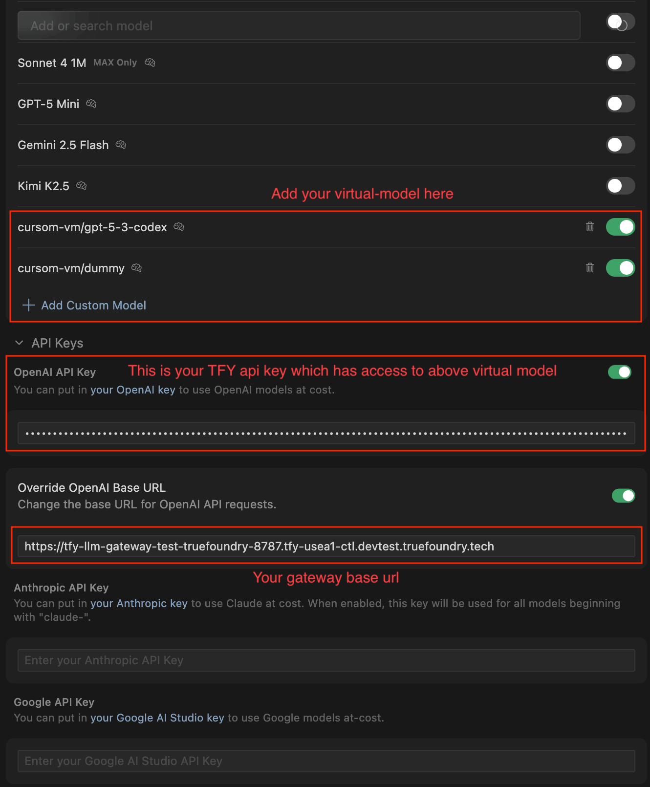 Cursor settings page showing virtual models added as custom models, TrueFoundry API key in OpenAI API Key field, and Gateway base URL in Override OpenAI Base URL field