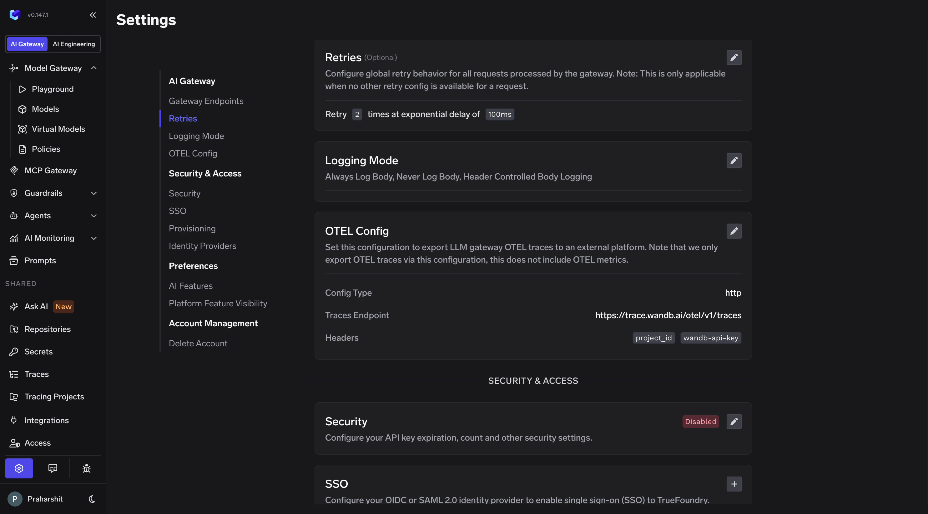 TrueFoundry AI Gateway Settings page showing the OTEL Config section