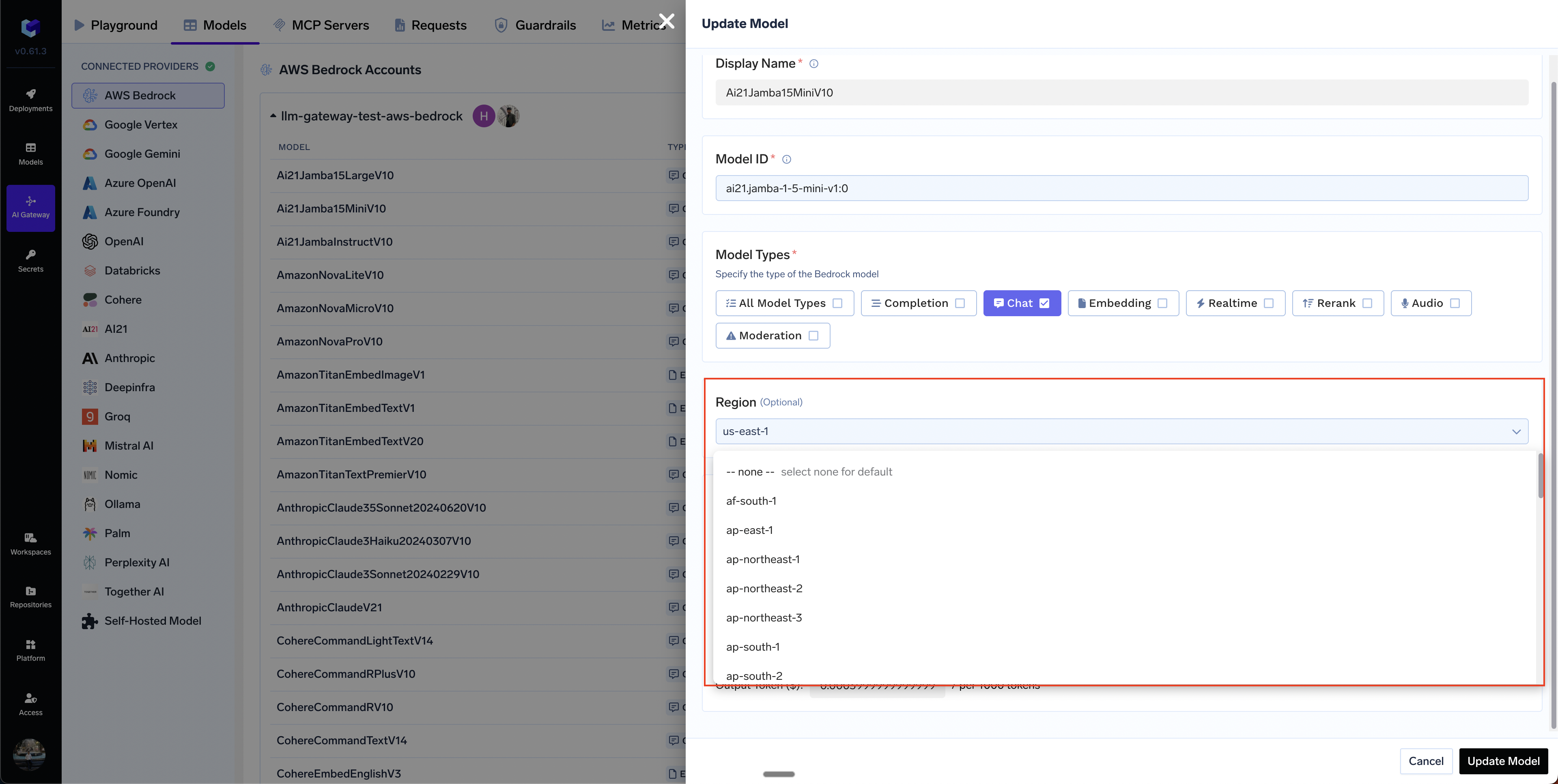 Region selection dropdown for AWS Bedrock model configuration