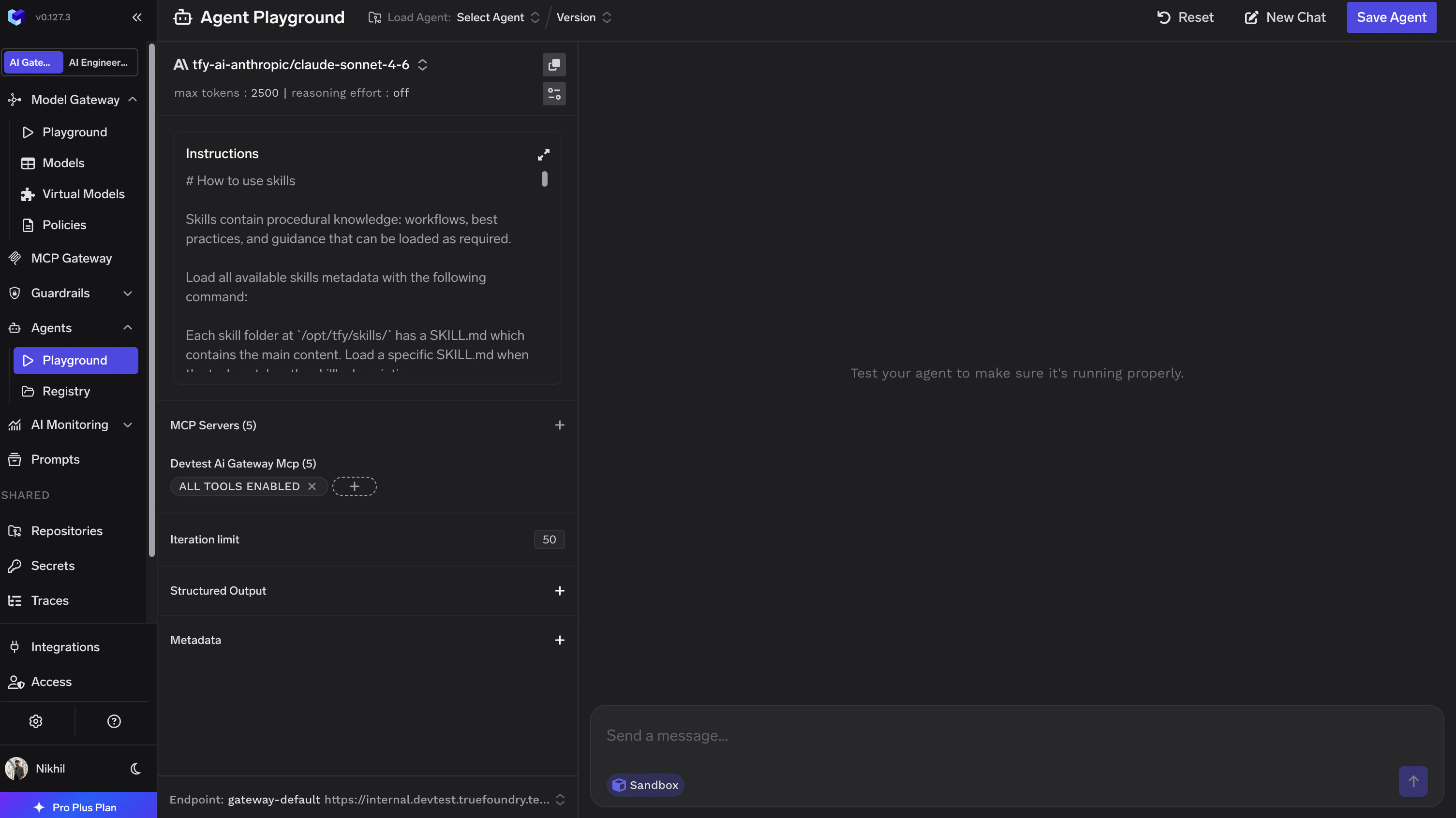 Agent Playground with model selection, system prompt, and MCP servers