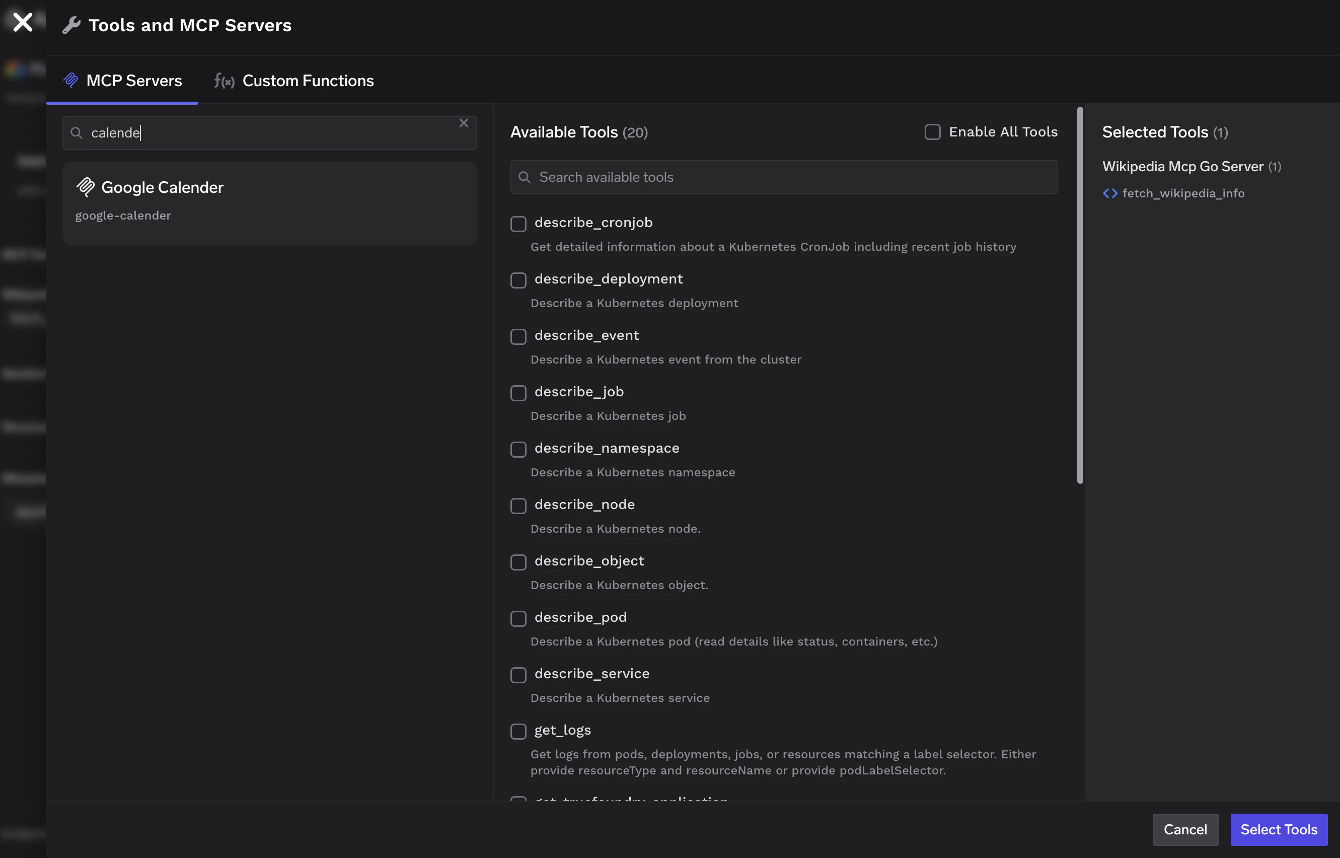 Tools and MCP Servers selection dialog